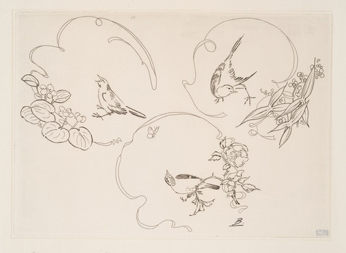 Digital Print - Assiette  dessert; trois motifs composs chacun d'un ruban, d'une fleur et d'un oiseau. by Flix Bracquemond