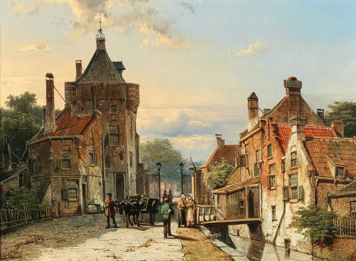Digital Print - A View of a Netherlandish Town with Figures Chattering by Willem Koekkoek