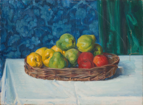 Digital Print - Still Life; Basket with Fruit on a Table in front of a Curtain and Wallpaper by Ottilie Wilhelmine Roederstein