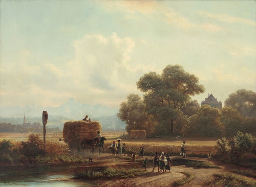 Digital Print - Heimkehr von der Kornernte bei Ascholding (mit der Kirche und dem Schloss) by Anton Doll