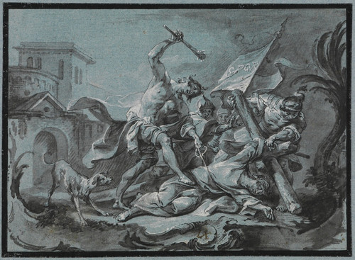 Digital Print - Christus, unter dem Kreuz gefallen, wird von einem Kriegsknecht geschlagen by Johann Wolfgang Baumgartner