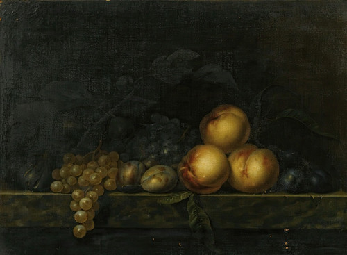 Digital Print - Still life with peaches, plums, grapes and figs on a marble ledge by Paul Ligeois