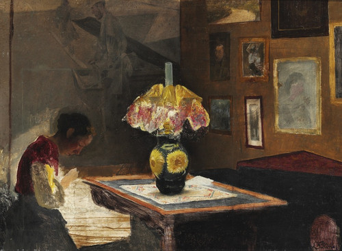 Digital Print - Kunstnerens hustru Sigrid syende ved lampelys. Karrebksminde by Laurits Andersen Ring
