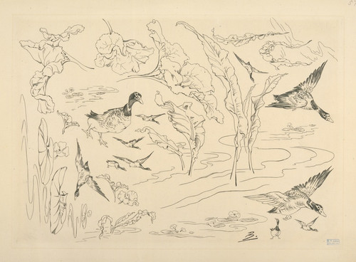 Digital Print - Dcor de service de toilette; canards et grandes feuilles. by Flix Bracquemond