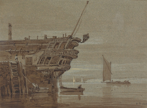 Digital Print - An East Indiaman Moored, Small Boats Alongside, Other Boats Further Off by Samuel Prout