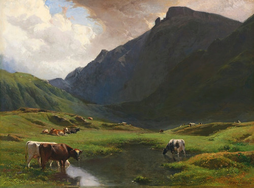 Digital Print - Alpine Landscape With Cows And Goats by Albert de Meuron