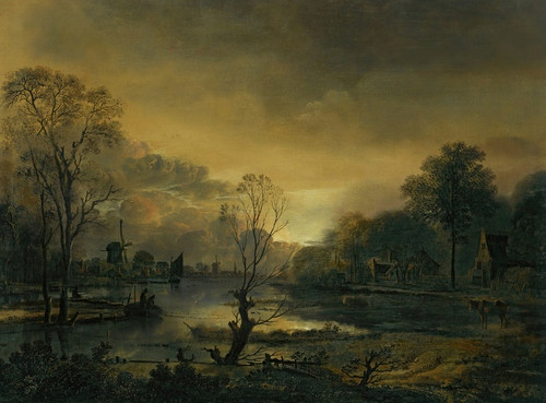 Digital Print - A River Landscape At Sunset With Fishermen Drawing In Their Net In The Foreground, Windmills Beyond by Aert van der Neer