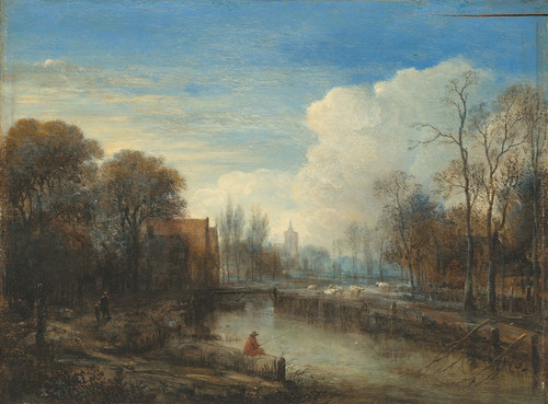 Digital Print - A river landscape, with an angler and sheep on the banks by Aert van der Neer