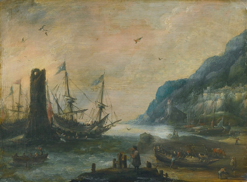 Digital Print - A mediterranean coastal scene with a tower, ships, and figures on the shore by Andries van Eertvelt