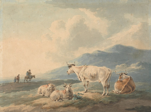 Digital Print - Mountain Landscape: with cows and goats foreground and figures, left by Peter La Cave