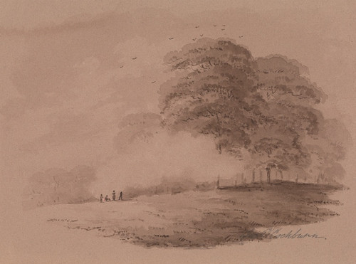 Digital Print - Group of Figures Round a Distant Bonfire in a Wood by James Pattison Cockburn