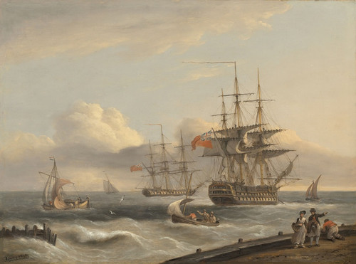 Digital Print - A British '74' unfurling its sails as it prepares to leave the anchorage with a frigate and various coastal craft beyond by Thomas Luny