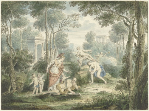Digital Print - Arcadisch landschap met Athene die een oude man kroont en Venus en Adonis by Louis Fabritius Dubourg