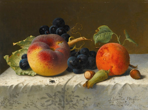 Digital Print - Still life with peach, apricot, grapes and hazelnuts on a tablecloth by Emilie Preyer