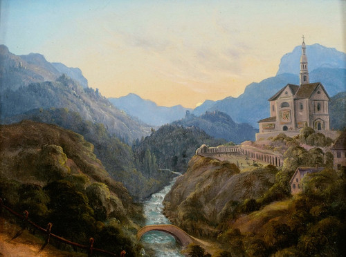 Digital Print - Mountainous landscape with a river valley and an abbey at evening light by Carl Gustav Carus