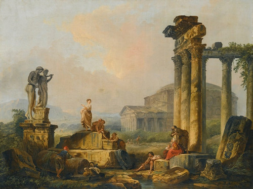 Digital Print - A Landscape With Shepherds And Shepherdesses Among Ancient Ruins, With The Statue Of Castor And Pollux And The Pantheon Beyond by Hubert Robert