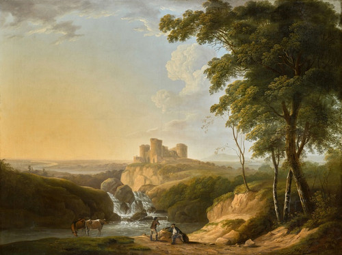 Digital Print - An extensive landscape with a view of Chepstow Castle on a hill beyond by John Inigo Richards