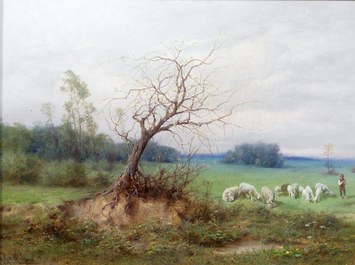 Digital Print - Flock of Sheep with Shepherd in an Open Landscape by Raimund Ritter von Wichera