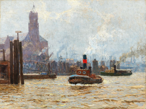 Digital Print - Port of Hamburg with View of the Kehrwieder Spitze by Paul Kutscha