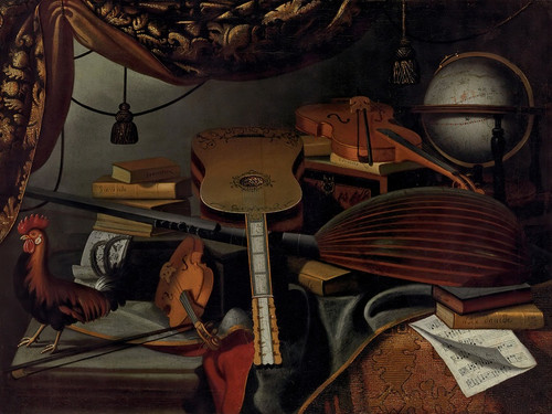 Digital Print - Musical instruments, books, music scores, a globe and a rooster on a table draped with a carpet by Bartolomeo Bettera