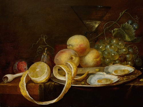 Digital Print - Tabletop still life, including two oysters on a pewter dish, a wine glass, a partially-peeled lemon, and an assortment of fruit by Joris van Son