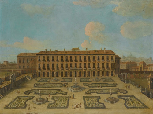 Digital Print - View Of A Palace, Possibly The Palacio Riofrio In Segovia, With Figures Promenading In The Formal Gardens by Follower of Francesco Battaglioli