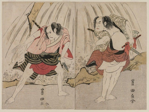 Digital Print - Kataoka Nizaemon VII and Ichikawa Yaozo III in a Confrontation Beside a Waterfall by Toyokuni Utagawa