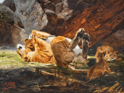 Digital Print - A lioness with playing cubs by Richard Friese