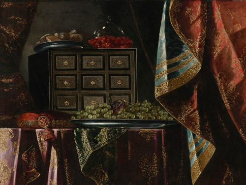 Digital Print - STILL LIFE OF A CHEST, FRUIT AND OTHER OBJECTS ON A BROCADE DRAPED TABLE by Carlo Manieri