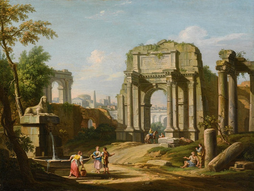 Digital Print - Architectural Capriccio With Ancient Ruins, A Sphinx And Figures By A Fountain by Giuseppe Zocchi