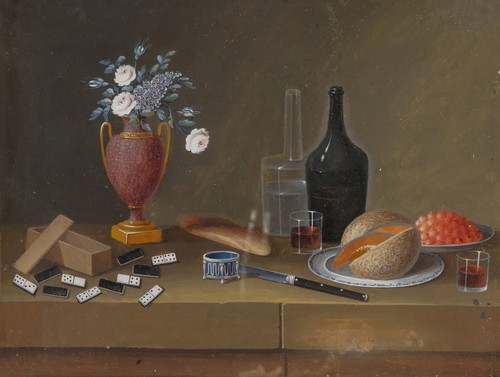 Digital Print - Still Life Of Dominos, A Vase Of Flowers, Bottles, Fruit And Other Objects by Johann Rudolff Feyerabend