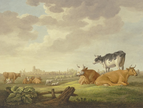 Digital Print - Auf einer Wiese Khe und Schafe, in der Ferne eine Stadt, links eine Melkerin by Aelbert Cuyp