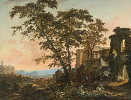 Digital Print - Extensive Rhenish Landscape With Peasants And Animals Resting In The Shade Of Romanesque Ruins by Hendrik van Minderhout