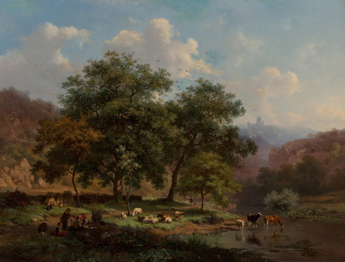 Digital Print - A summer landscape with figures resting with their flock beside a river where cattle are watering by Frederik Marinus Kruseman