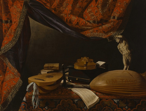 Digital Print - Still life with Musical Instruments, Books and Sculpture by Evaristo Baschenis