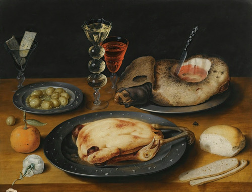 Digital Print - A Still Life Of A Roast Chicken, A Ham And Olives On Pewter Plates With A Bread Roll, An Orange, Wineglasses And A Rose On A Wooden Table by Osias Beert the Elder