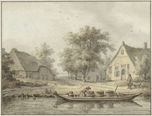 Digital Print - Landschap met afgemeerde schuit met vaten by Cornelis Buys