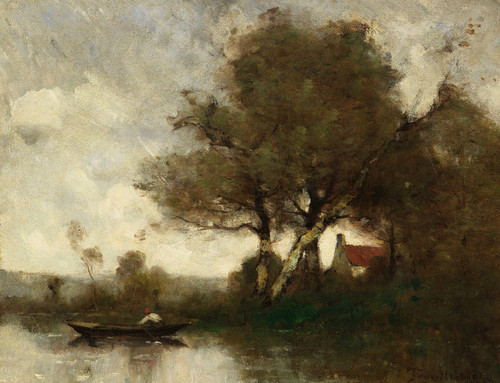 Digital Print - River landscape with a house and man in a boat by Paul Dsir Trouillebert