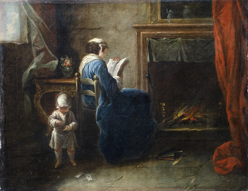 Digital Print - Woman Reading in front of a Fireplace by Pierre Parrocel