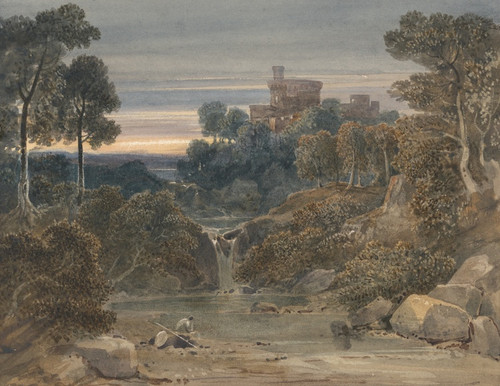 Digital Print - Landscape with Castle, Waterfall and Stream in Foreground by Francis Oliver Finch