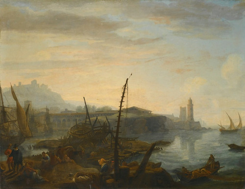 Digital Print - A Mediterranean Port With Figures Resting And Fishermen Drawing In Their Nets In The Foreground, A Tower Beyond by Adrien Manglard