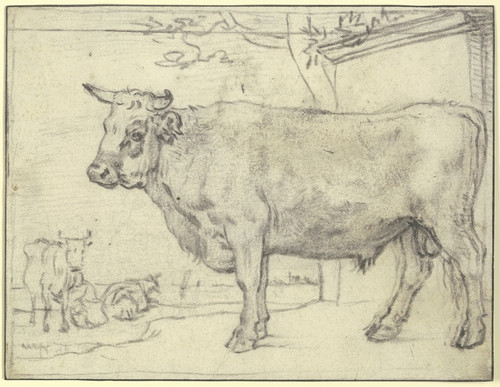 Digital Print - Stier nach links, hinten zwei Khe und eine Melkerin by Paulus Potter