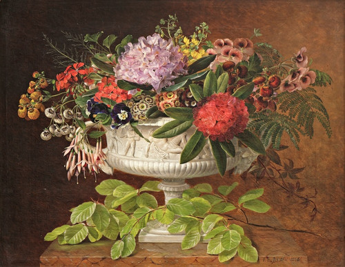 Digital Print - Flowers in a centrepiece on a marble windowsill with a beech branch by Johan Laurentz Jensen