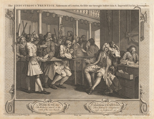Digital Print - Plate 10, The Industrious 'Prentice Alderman of London, The Idle One Brought Before him & Impeach'd by his Accomplice by William Hogarth