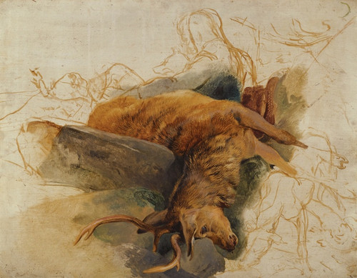 Digital Print - A Dead Stag, With Sketched Figures OfA Ghillie And Hounds by Sir Edwin Henry Landseer