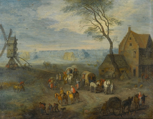Digital Print - A village scene with travellers by a windmill by Joseph van Bredael