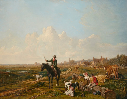 Digital Print - A mounted gamekeeper questions the cattle herders on their being found with a sporting dog by John James Chalon