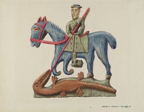 Digital Print - Saint George & the Dragon, Carved Out of Section of Plank - Painted by Majel G. Claflin