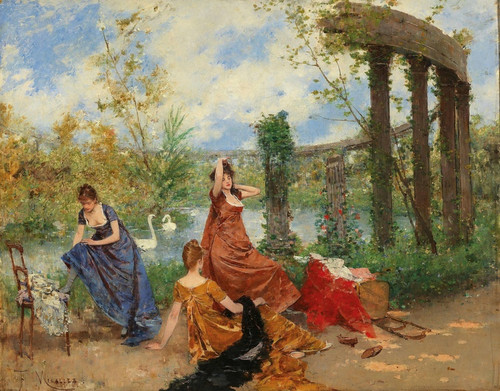 Digital Print - Ladies Near The Park Pond by Francesc Miralles i Galaup