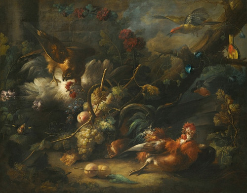 Digital Print - A Forest Floor Still Life With Poultry Attacked By A Hawk by Johann Baptist Drechsler